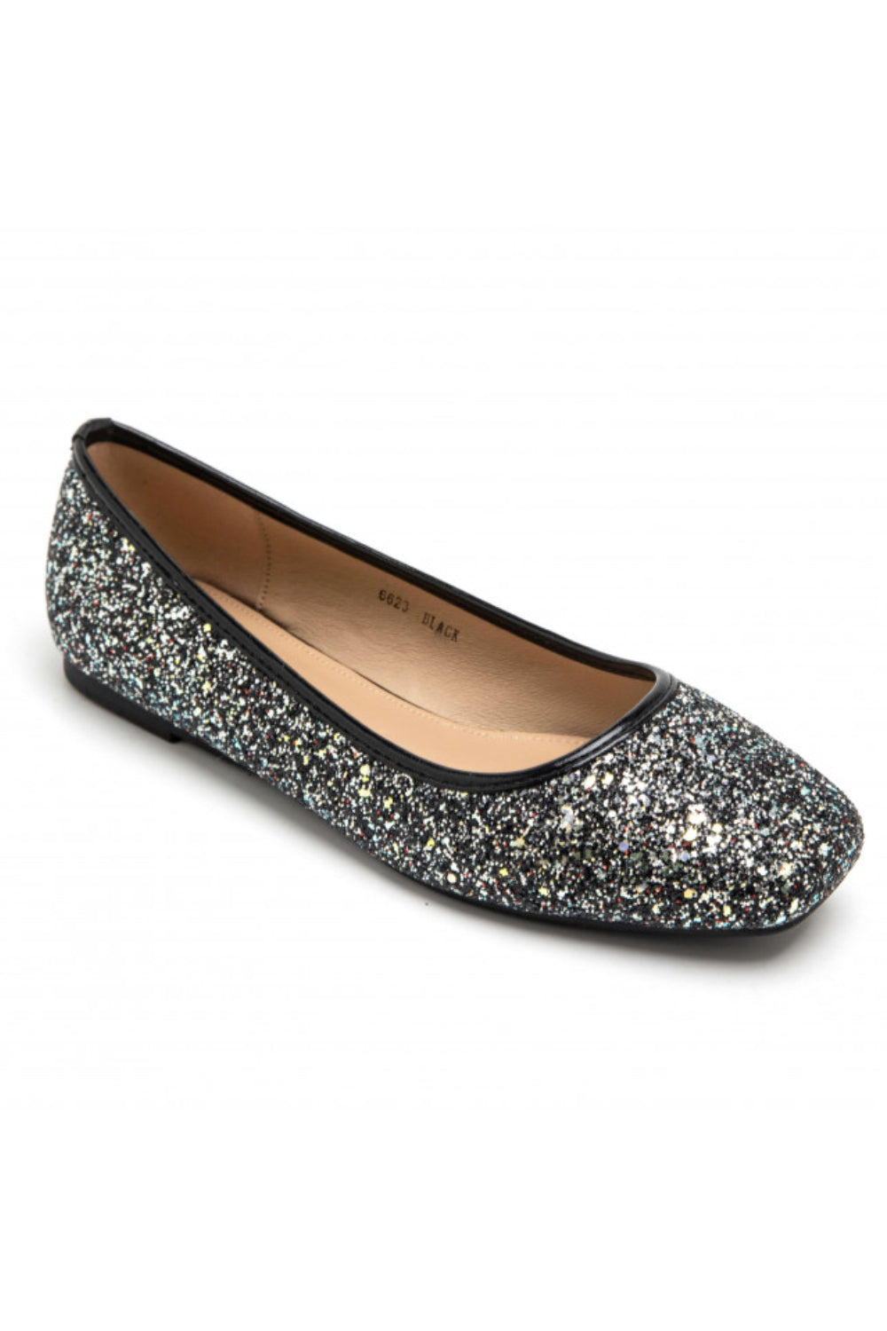 BLACK GLITTER DETAIL BALLET FLATS SLIP ON BALLERINA SHOES