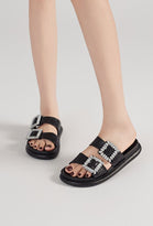 BLACK SPARKLY FLATS CRYSTAL BUCKLE DOUBLE BOW SANDALS