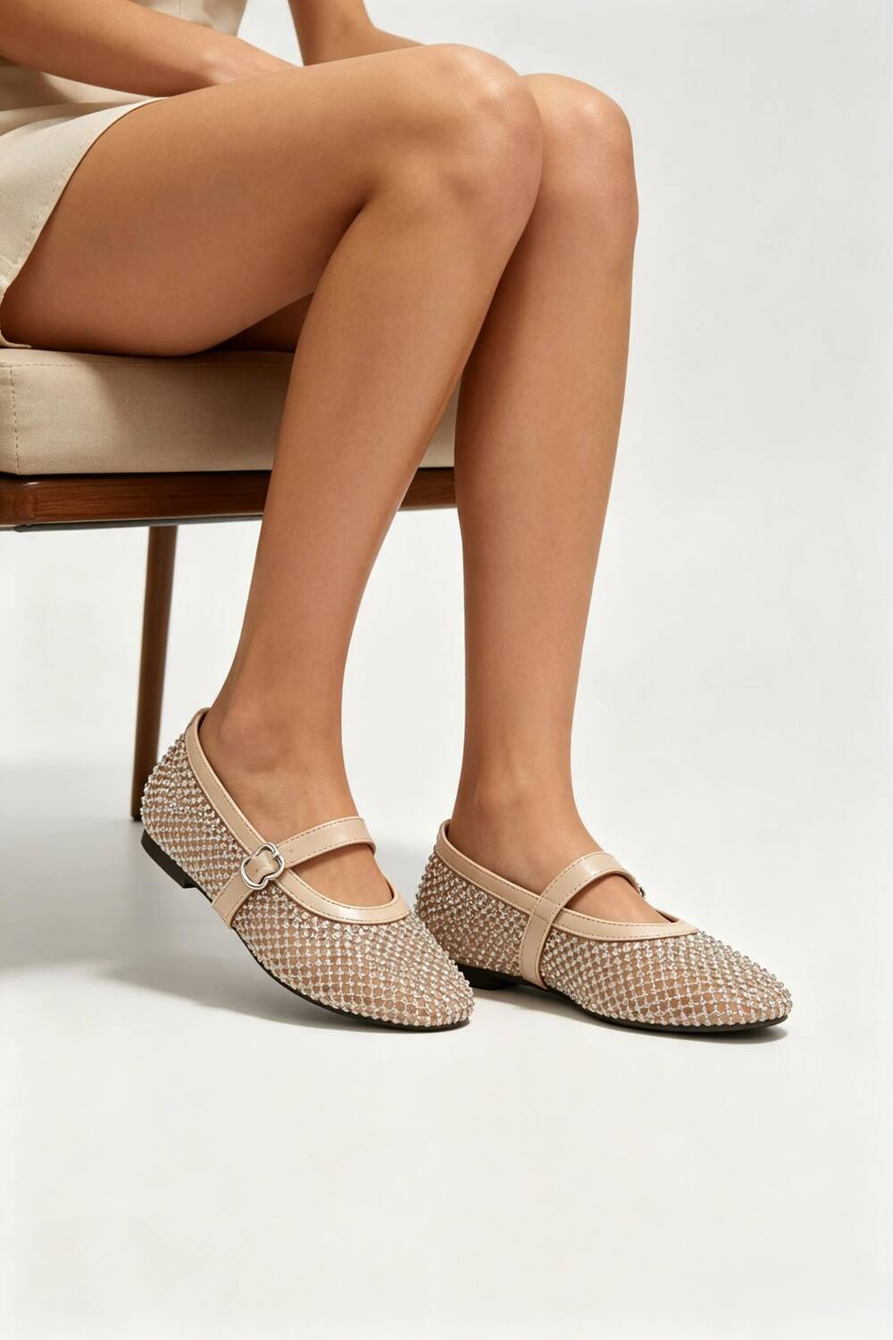 Nude Mesh Rhinestone Mary Jane Flats with Buckle Strap