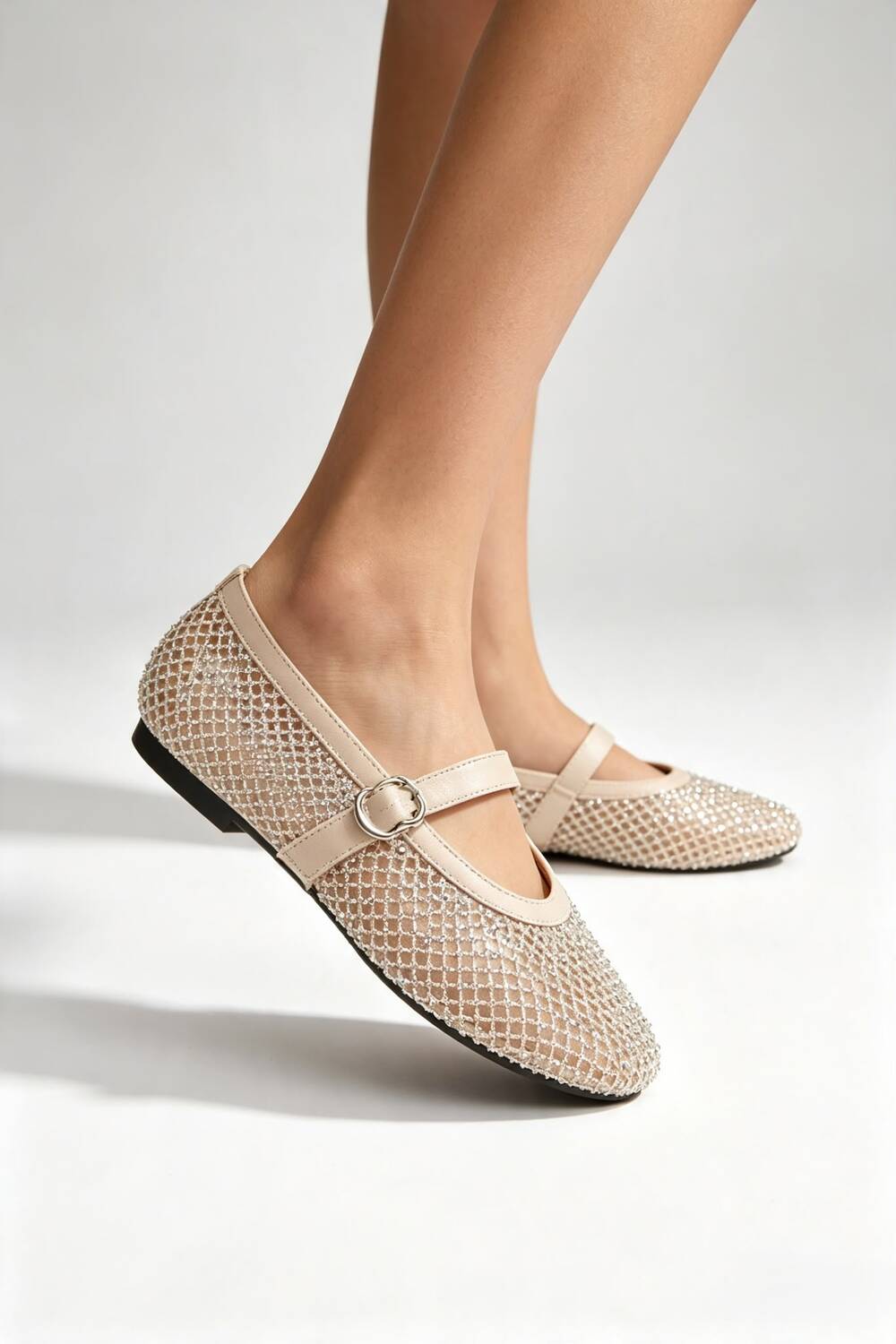Nude Mesh Rhinestone Mary Jane Flats with Buckle Strap