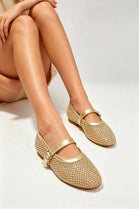 Gold Mesh Rhinestone Mary Jane Flats with Buckle Strap