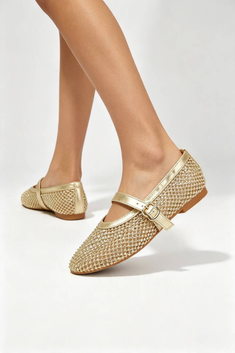 Gold Mesh Rhinestone Mary Jane Flats with Buckle Strap