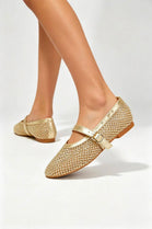 Gold Mesh Rhinestone Mary Jane Flats with Buckle Strap