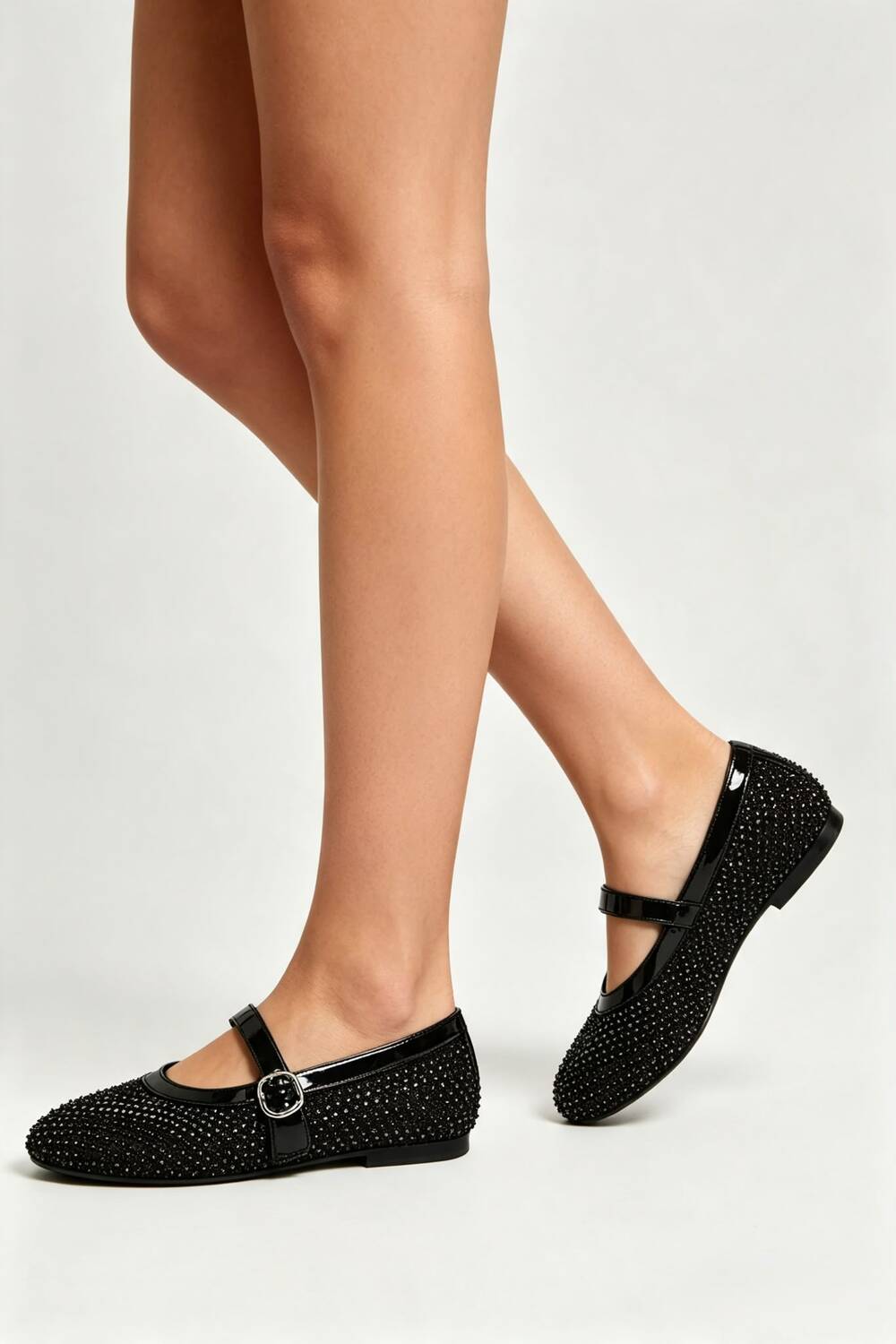 Black Mesh Rhinestone Mary Jane Flats with Buckle Strap