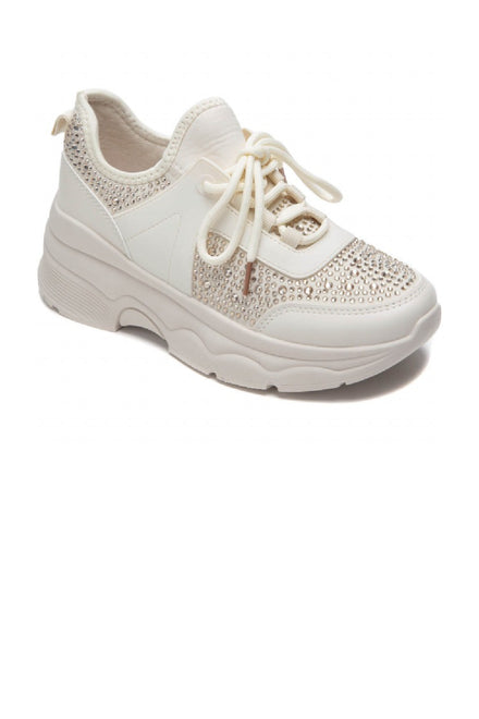 BEIGE DIAMANTE DETAIL LACE UP SPAKLY CHUNKY FLAT TRAINERS