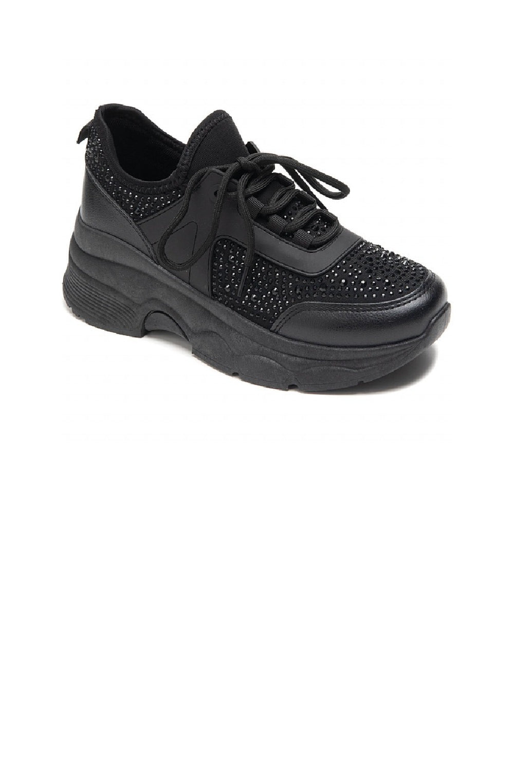 BLACK DIAMANTE DETAIL LACE UP SPAKLY CHUNKY FLAT TRAINERS