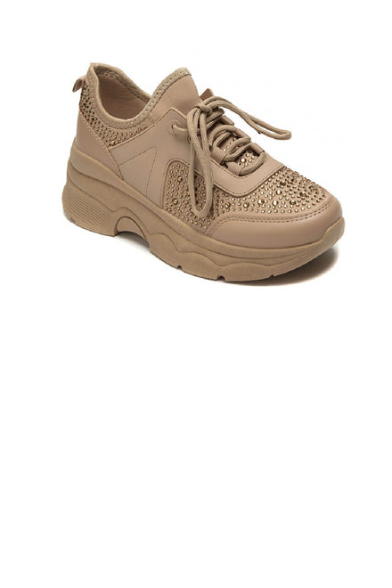 KHAKI DIAMANTE DETAIL LACE UP SPAKLY CHUNKY FLAT TRAINERS