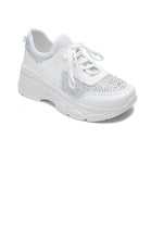 WHITE DIAMANTE DETAIL LACE UP SPAKLY CHUNKY FLAT TRAINERS