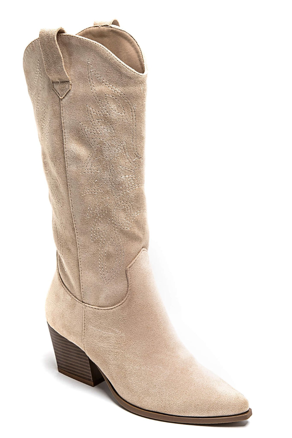 BEIGE EMBROIDERY DETAIL KNEE HIGH WESTERN COWBOY BOOTS