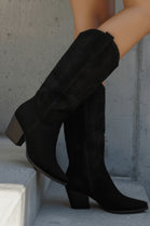 Women’s Black Faux Suede Embroidered Knee-High Western Cowboy Boots