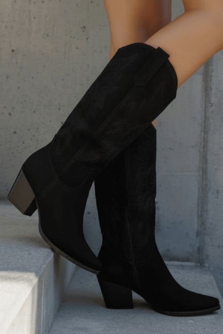 Women’s Black Faux Suede Embroidered Knee-High Western Cowboy Boots