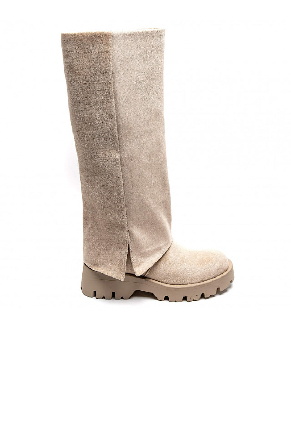 BEIGE FLARED PLATFORM KNEE HIGH FLAT BOOTS