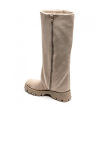 BEIGE FLARED PLATFORM KNEE HIGH FLAT BOOTS