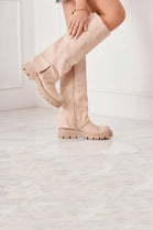 BEIGE FLARED PLATFORM KNEE HIGH FLAT BOOTS