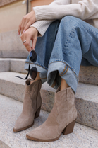KHAKI BLOCK HEEL EMBROIDERED DESIGNER COWGIRL COWBOY ANKLE BOOTS