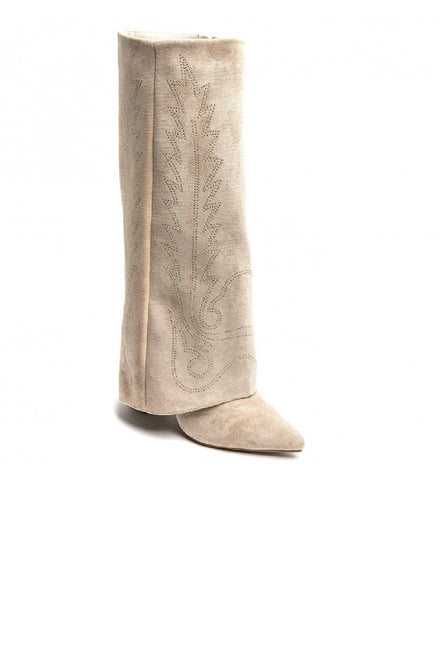 WOMEN'S FOLDED OVER BLOCK HEEL EMBROIDERY DETAIL KNEE HIGH COWBOY BOOTS IN BEIGE SUEDE