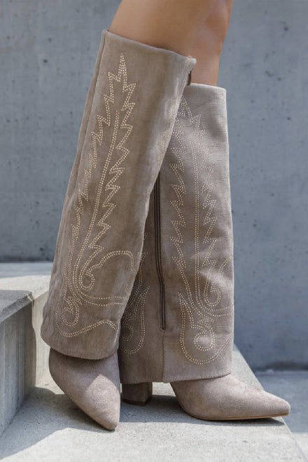 WOMEN'S FOLDED OVER BLOCK HEEL EMBROIDERY DETAIL KNEE HIGH COWBOY BOOTS IN KHAKI SUEDE