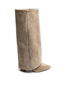 WOMEN'S FOLDED OVER BLOCK HEEL EMBROIDERY DETAIL KNEE HIGH COWBOY BOOTS IN KHAKI SUEDE