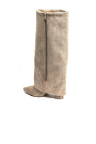 WOMEN'S FOLDED OVER BLOCK HEEL EMBROIDERY DETAIL KNEE HIGH COWBOY BOOTS IN KHAKI SUEDE