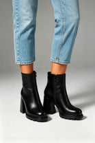 BLACK PU BLOCK HEEL PLATFORM ANKLE BOOTS