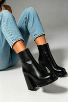 BLACK PU BLOCK HEEL PLATFORM ANKLE BOOTS