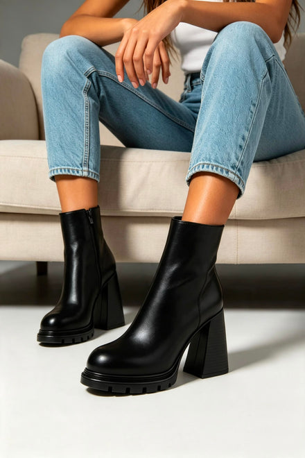 BLACK PU BLOCK HEEL PLATFORM ANKLE BOOTS