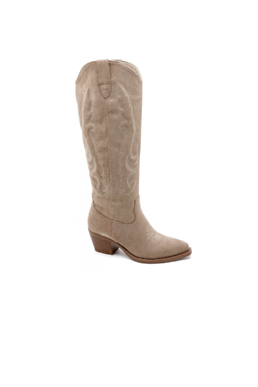 Khaki Faux Suede Knee High Embroidered Cowboy Boots