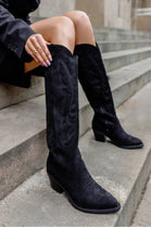Black Faux Suede Knee High Embroidered Cowboy Boots