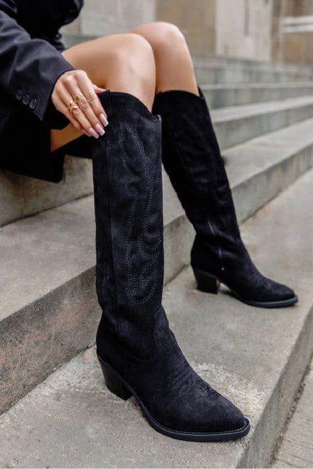 Black Faux Suede Knee High Embroidered Cowboy Boots