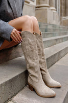 Khaki Faux Suede Knee High Embroidered Cowboy Boots