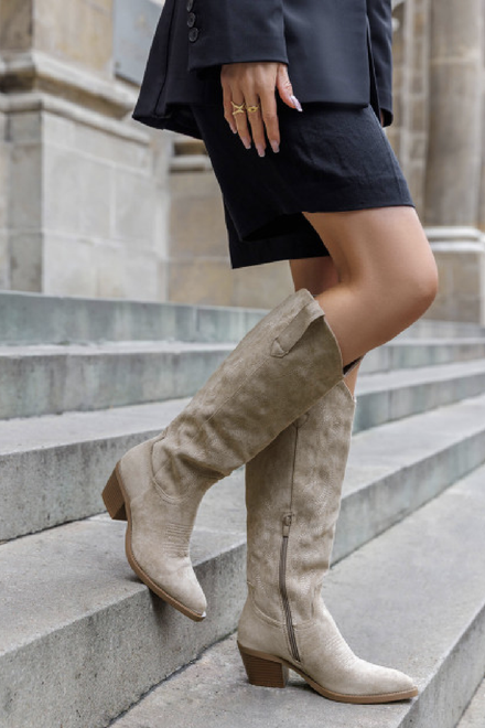KHAKI BLOCK HEEL EMBROIDERED KNEE HIGH DESIGNER COWGIRL COWBOY BOOTS