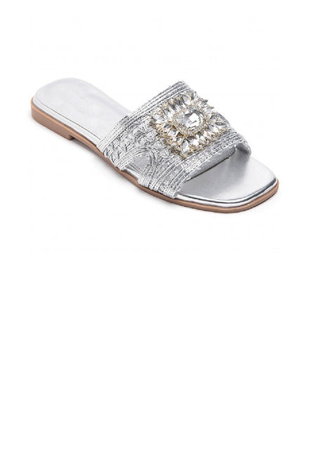 SILVER SLIP ON FLAT RHINESTONE BROOCH SUMMER SLIDER SANDALS