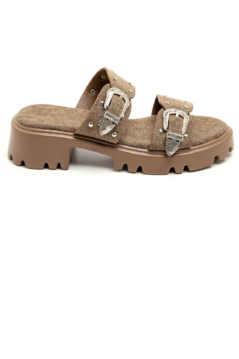 Women's Chunky Double-Strap Western Buckle Flatform Sandals in Khaki