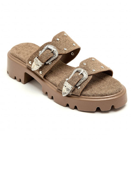 Women's Chunky Double-Strap Western Buckle Flatform Sandals in Khaki