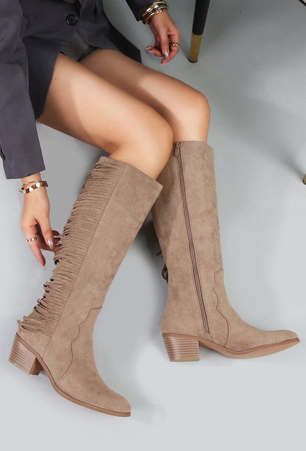 FRINGED FAUX SUEDE COWBOY KNEE HIGH BOOTS IN KHAKI