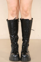 Black PU Chunky Calf High Boots With Lace Up Detail