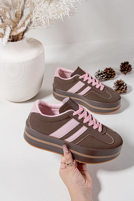 BROWN LACE UP CHUNKY PLATFORM SIDE DETAIL SNEAKER TRAINERS