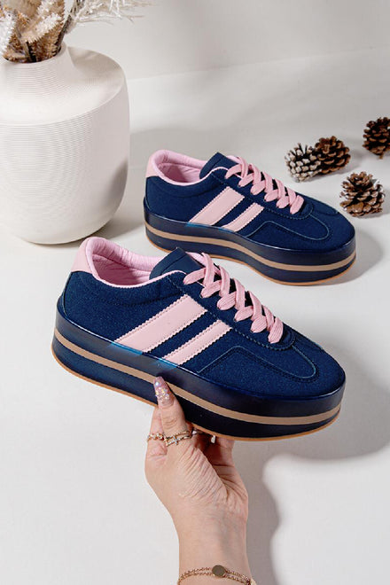 NAVY LACE UP CHUNKY PLATFORM SIDE DETAIL SNEAKER TRAINERS