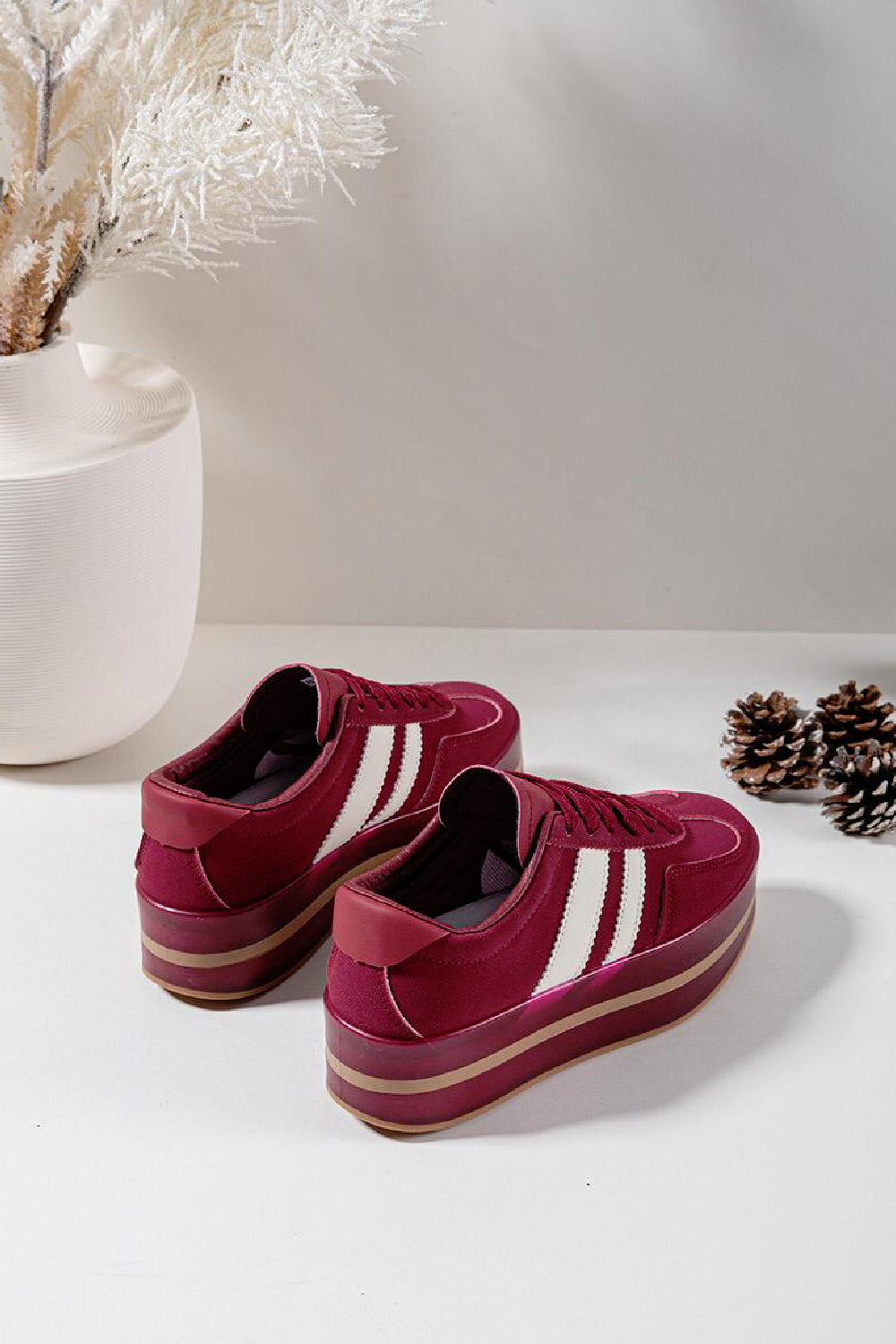 WINE LACE UP CHUNKY PLATFORM SIDE DETAIL SNEAKER TRAINERS