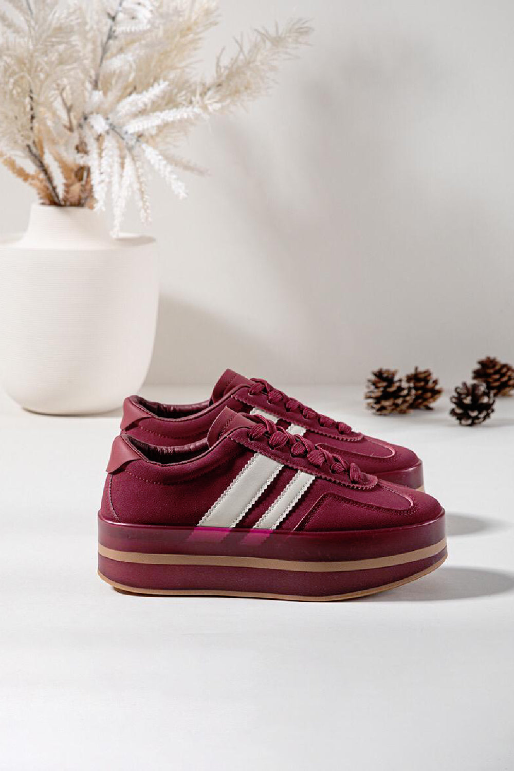 WINE LACE UP CHUNKY PLATFORM SIDE DETAIL SNEAKER TRAINERS