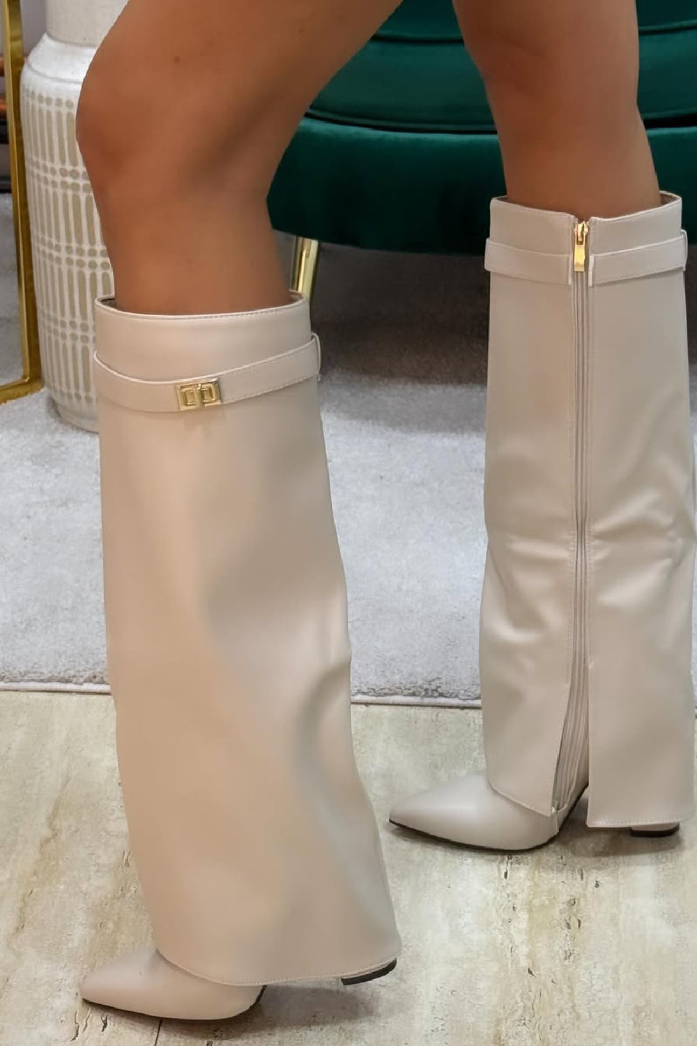 CREAM PU FOLD OVER BUCKLE DETAIL BLOCK HEEL KNEE HIGH BOOTS