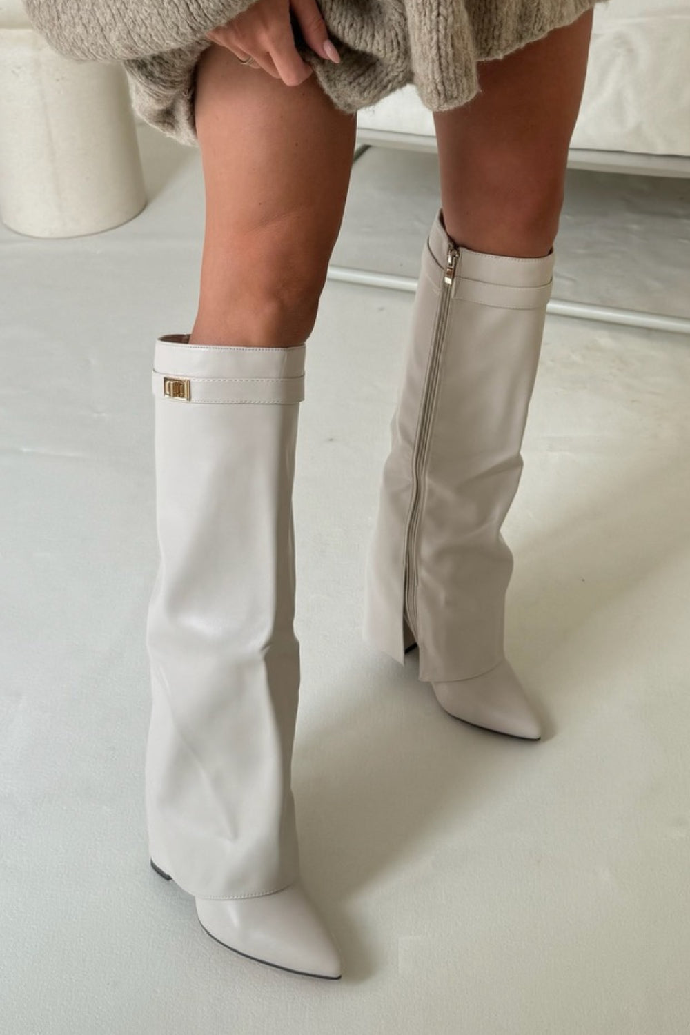 CREAM PU FOLD OVER BUCKLE DETAIL BLOCK HEEL KNEE HIGH BOOTS