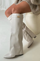 CREAM PU FOLD OVER BUCKLE DETAIL BLOCK HEEL KNEE HIGH BOOTS