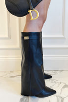 BLACK FOLD OVER BUCKLE DETAIL BLOCK HEEL KNEE HIGH SHARK BOOTS