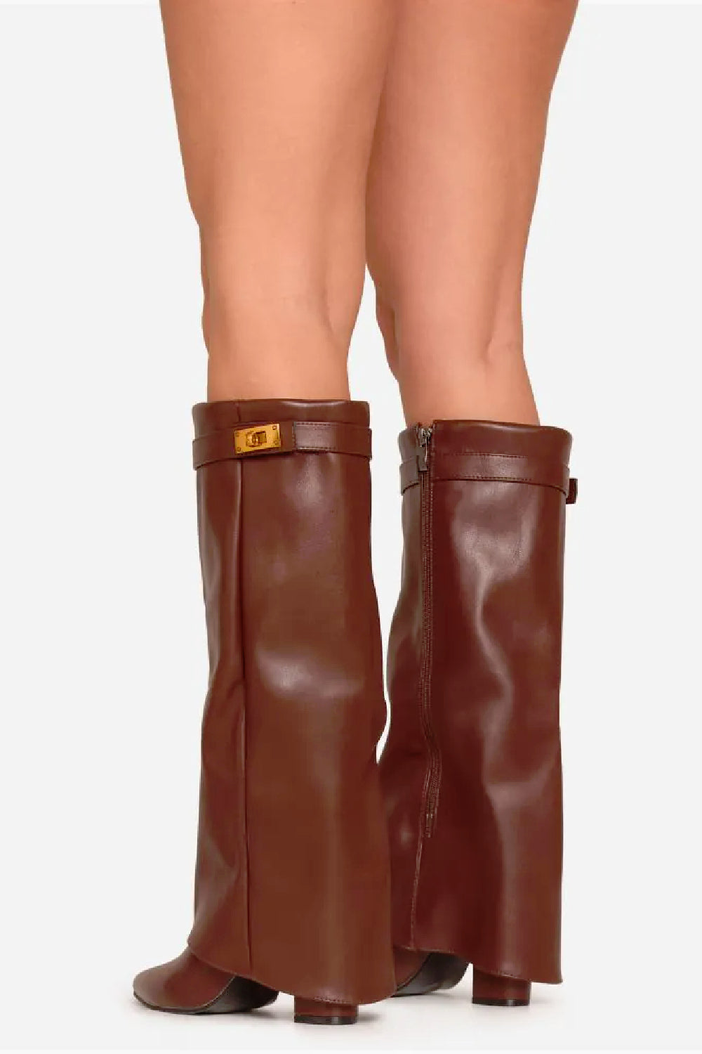 Brown Pu Fold Over Buckle Detail Knee High Shark Boots