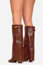 Brown Pu Fold Over Buckle Detail Knee High Shark Boots