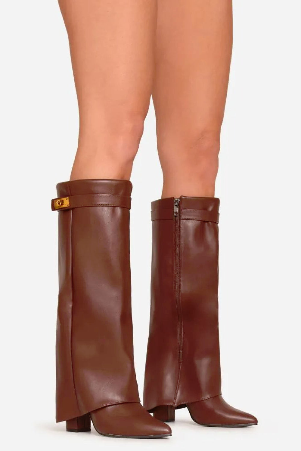Brown Pu Fold Over Buckle Detail Knee High Shark Boots