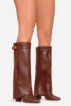 Brown Pu Fold Over Buckle Detail Knee High Shark Boots