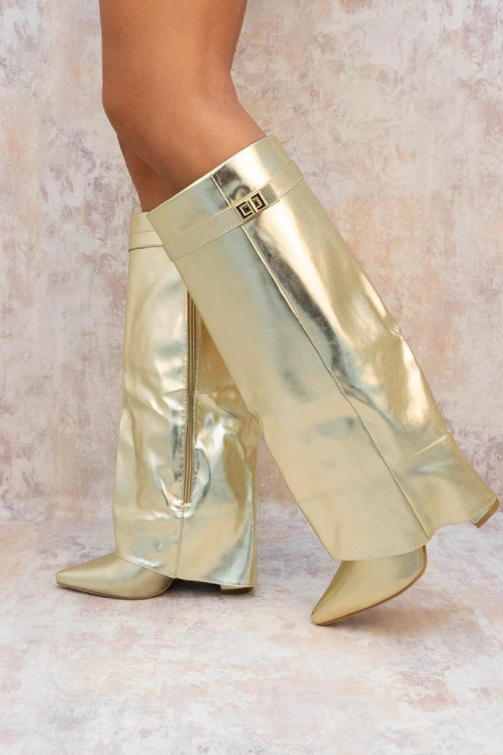 GOLD FOLD OVER BUCKLE DETAIL BLOCK HEEL KNEE HIGH BOOTS