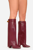 Wine Pu Fold Over Buckle Detail Knee High Shark Boots